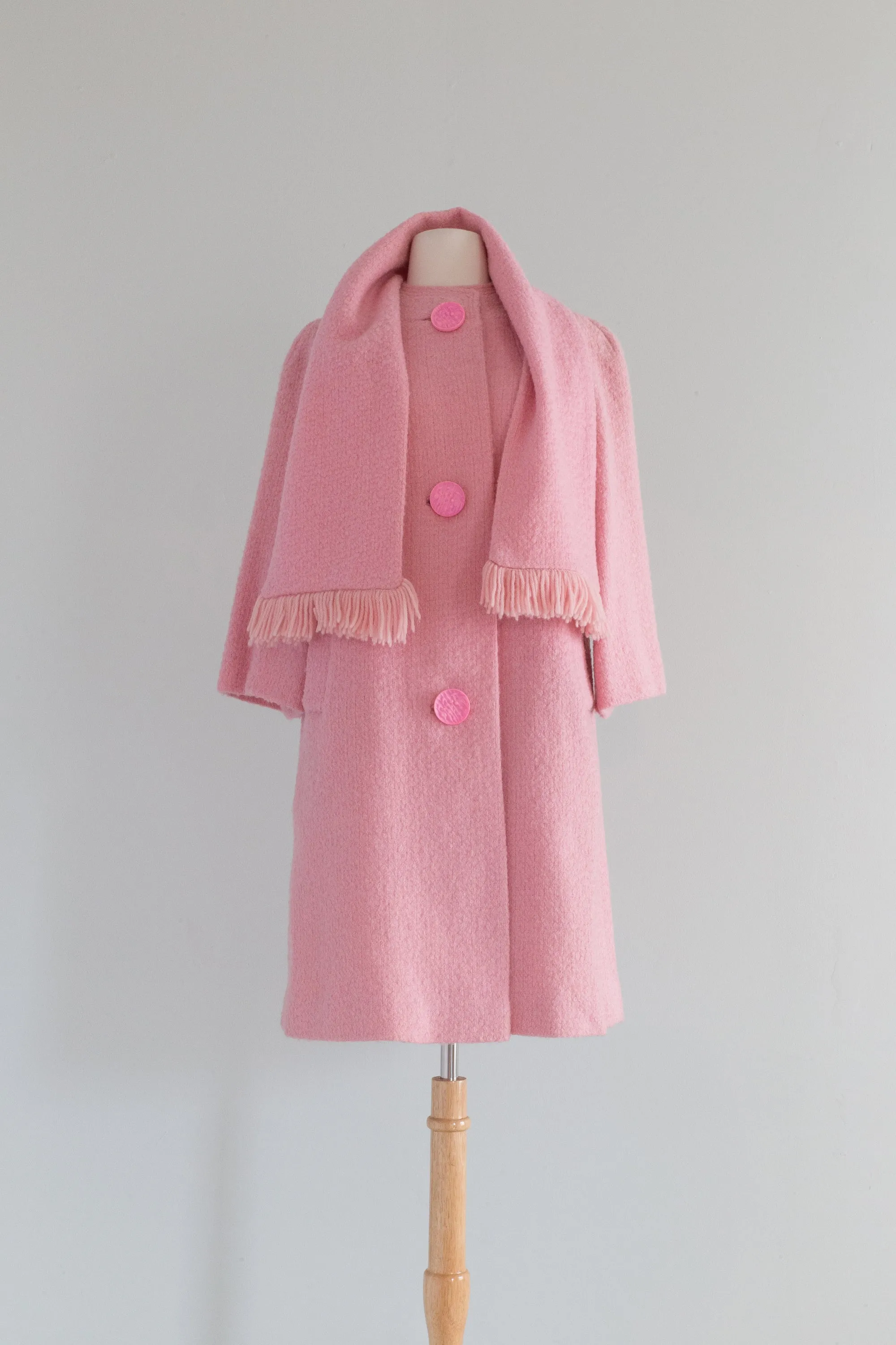 Fabulous 1960's Bubble Gum Pink Spring Coat With Scarf / Medium