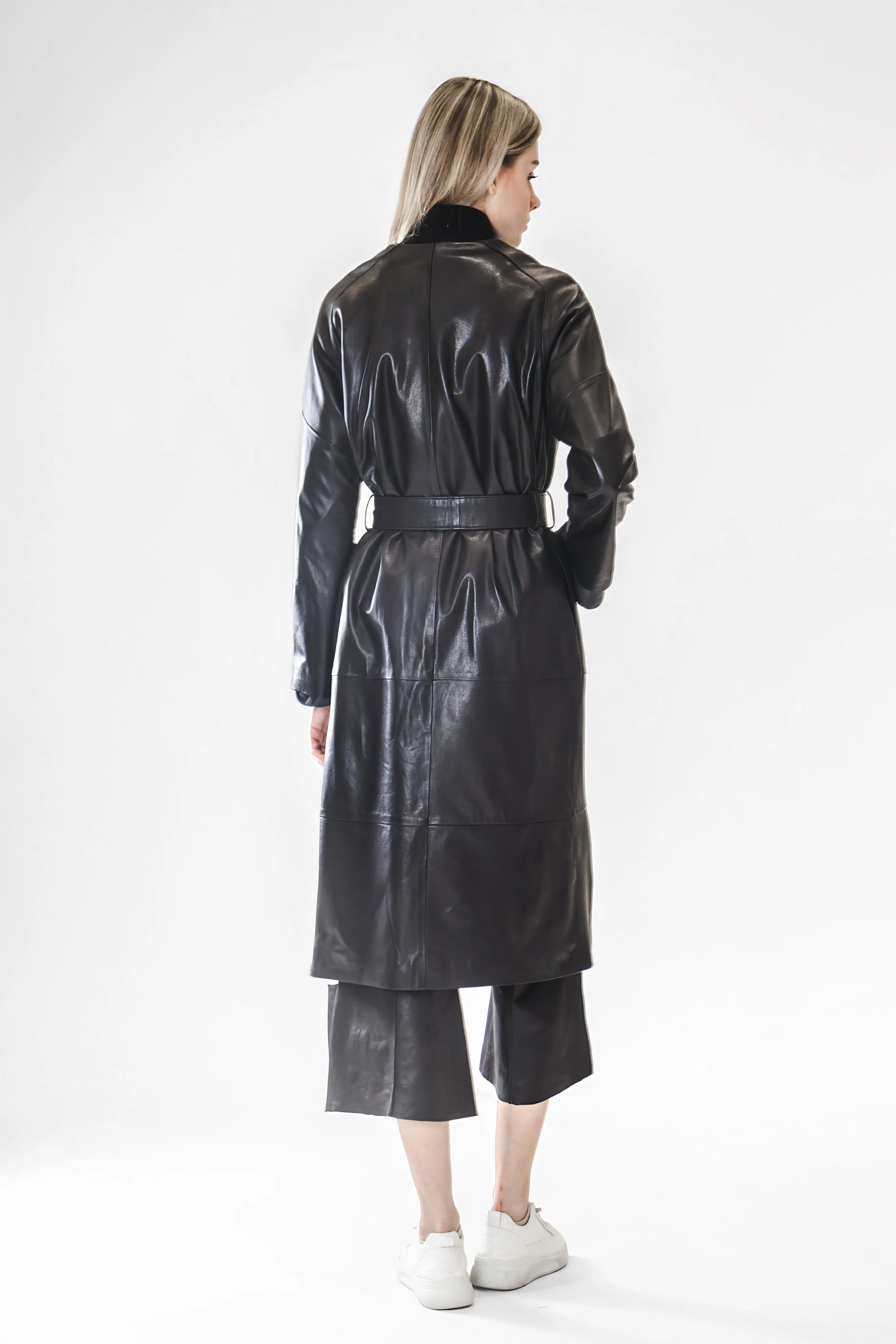 FASHION BLACK STATEMENT LEATHER LONG COAT