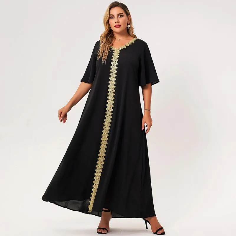 FashionSierra - Maxi Dress Women Plus Size Black Loose Embroidery Selvedge Hemmed V-neck Ruffle Half Sleeve Elegant Vintage Robe