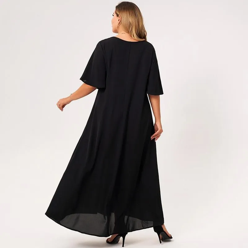 FashionSierra - Maxi Dress Women Plus Size Black Loose Embroidery Selvedge Hemmed V-neck Ruffle Half Sleeve Elegant Vintage Robe