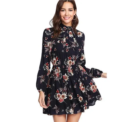 FashionSierra - Women Long Sleeve High Waist A Line Chic Dress