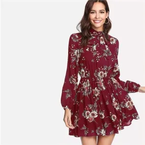 FashionSierra - Women Long Sleeve High Waist A Line Chic Dress