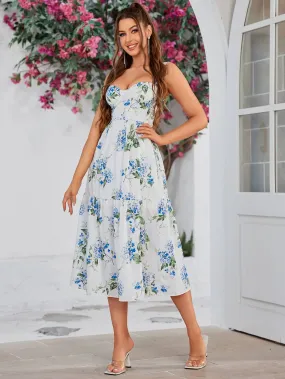 Floral Print Ruffle Hem Bustier Cami Dress
