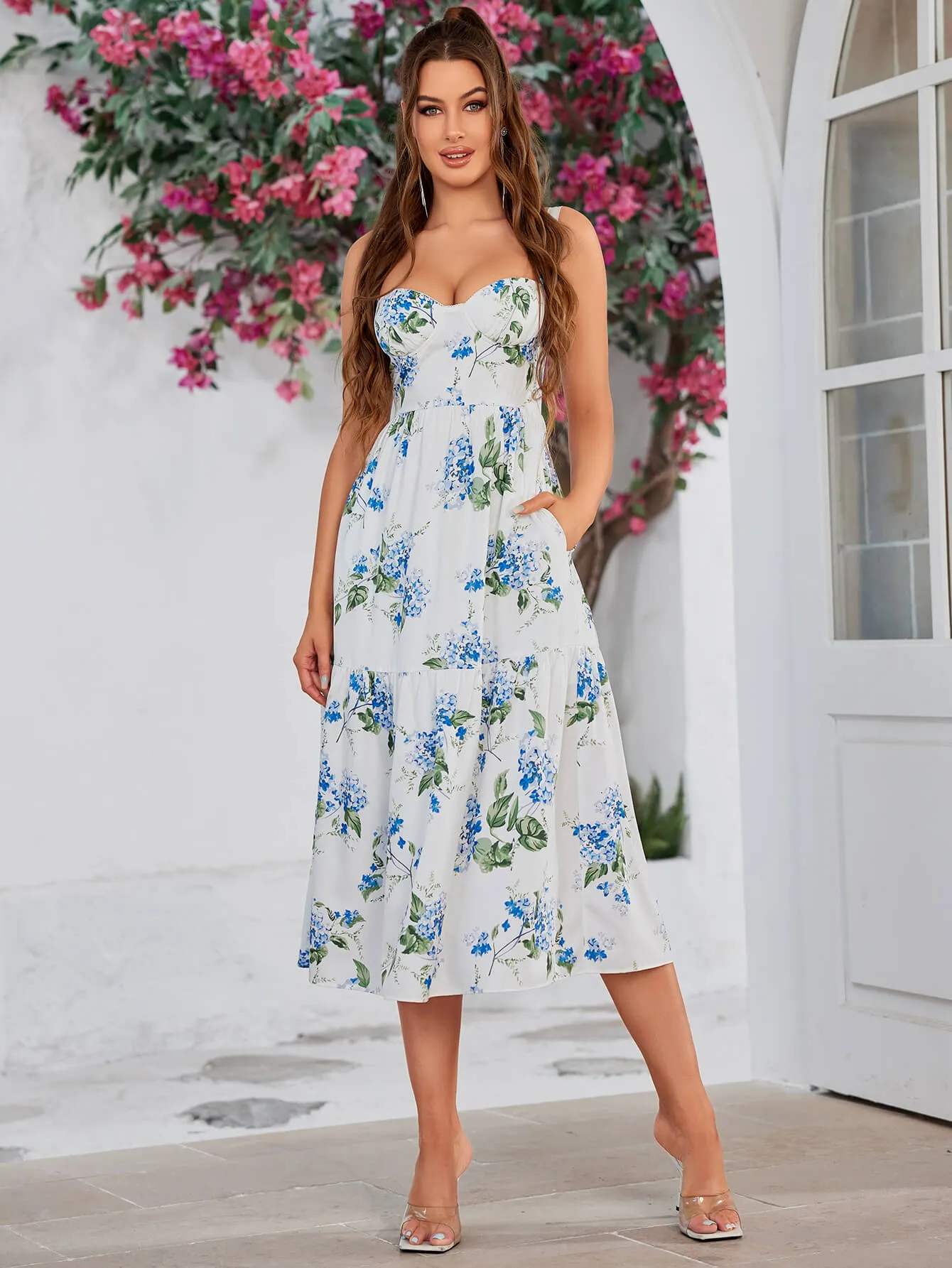 Floral Print Ruffle Hem Bustier Cami Dress