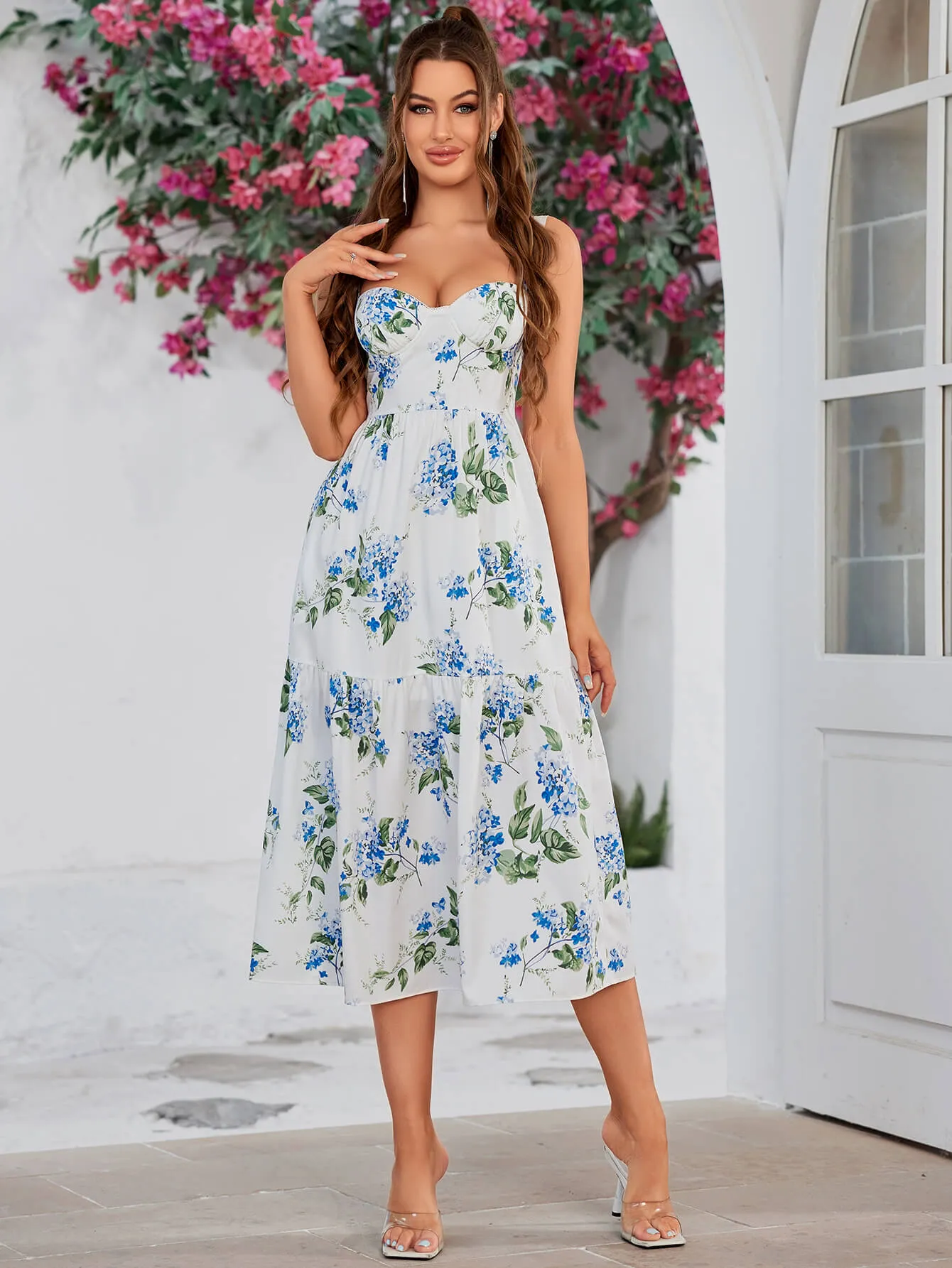 Floral Print Ruffle Hem Bustier Cami Dress
