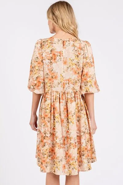 Flower Print Linen Blend Babydoll Mini Dress