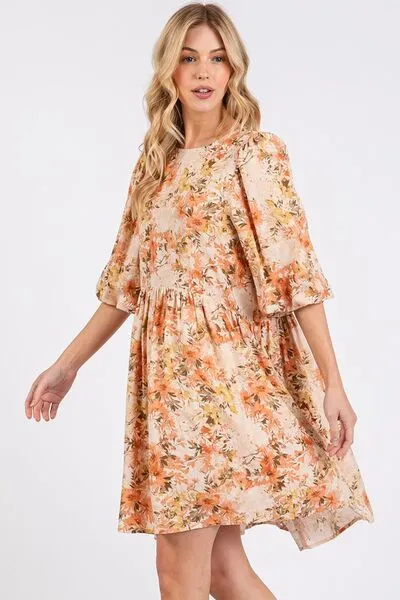 Flower Print Linen Blend Babydoll Mini Dress