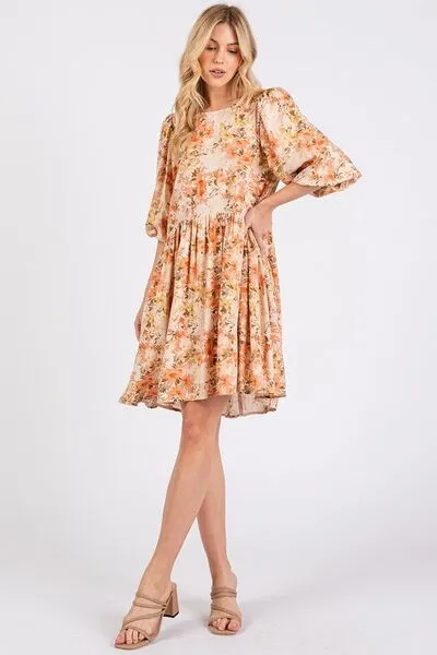 Flower Print Linen Blend Babydoll Mini Dress