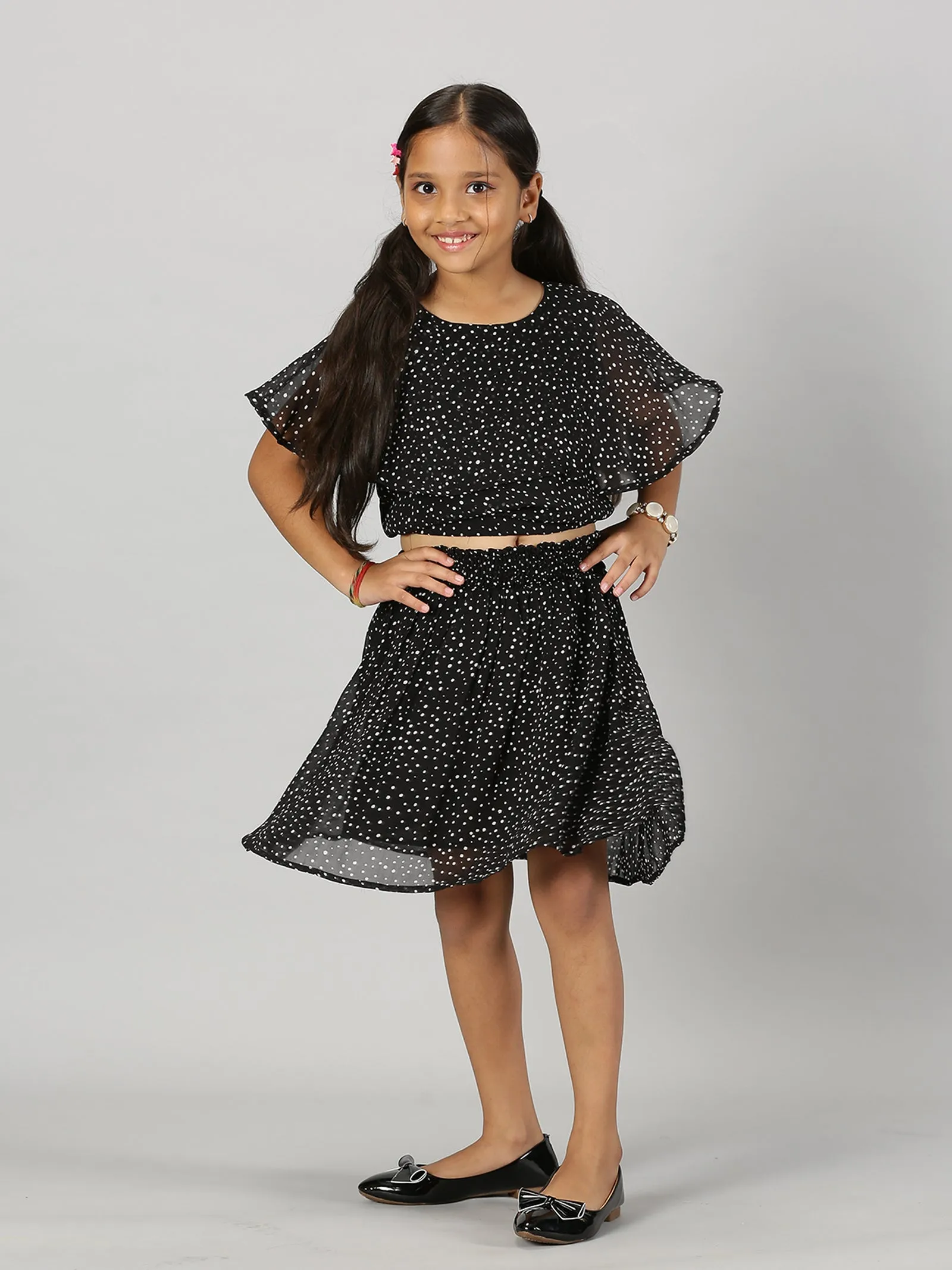 Girls Crop Top With Yoke Frill Layer & Smocked Waistband Skirt Set
