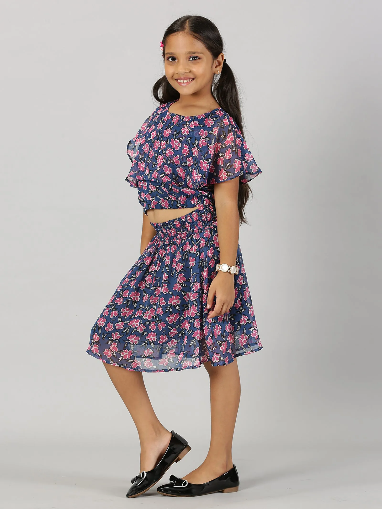 Girls Crop Top With Yoke Frill Layer & Smocked Waistband Skirt Set