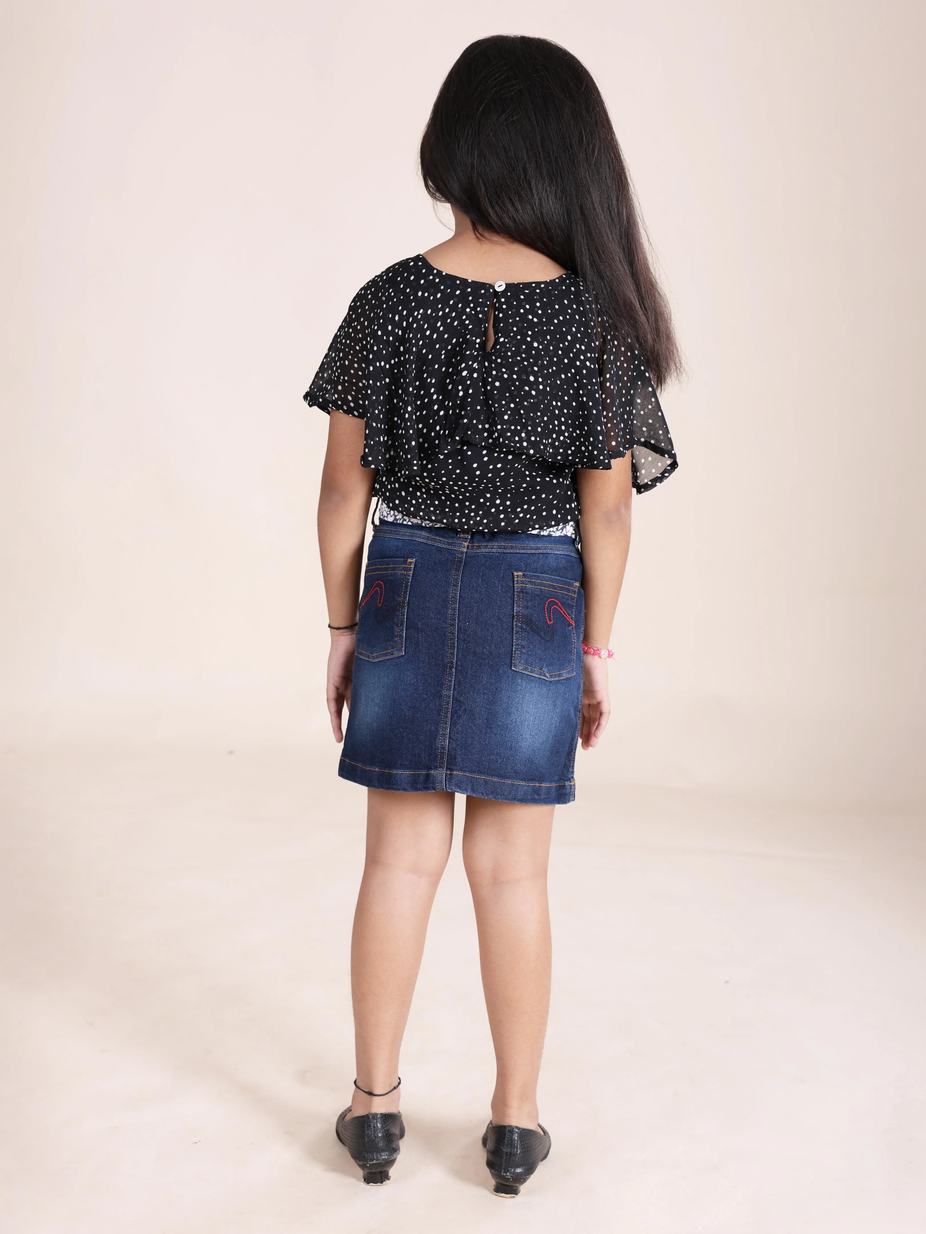 Girls Sleeveless Crop With Yoke Frill Layer Top & Denim Skirt