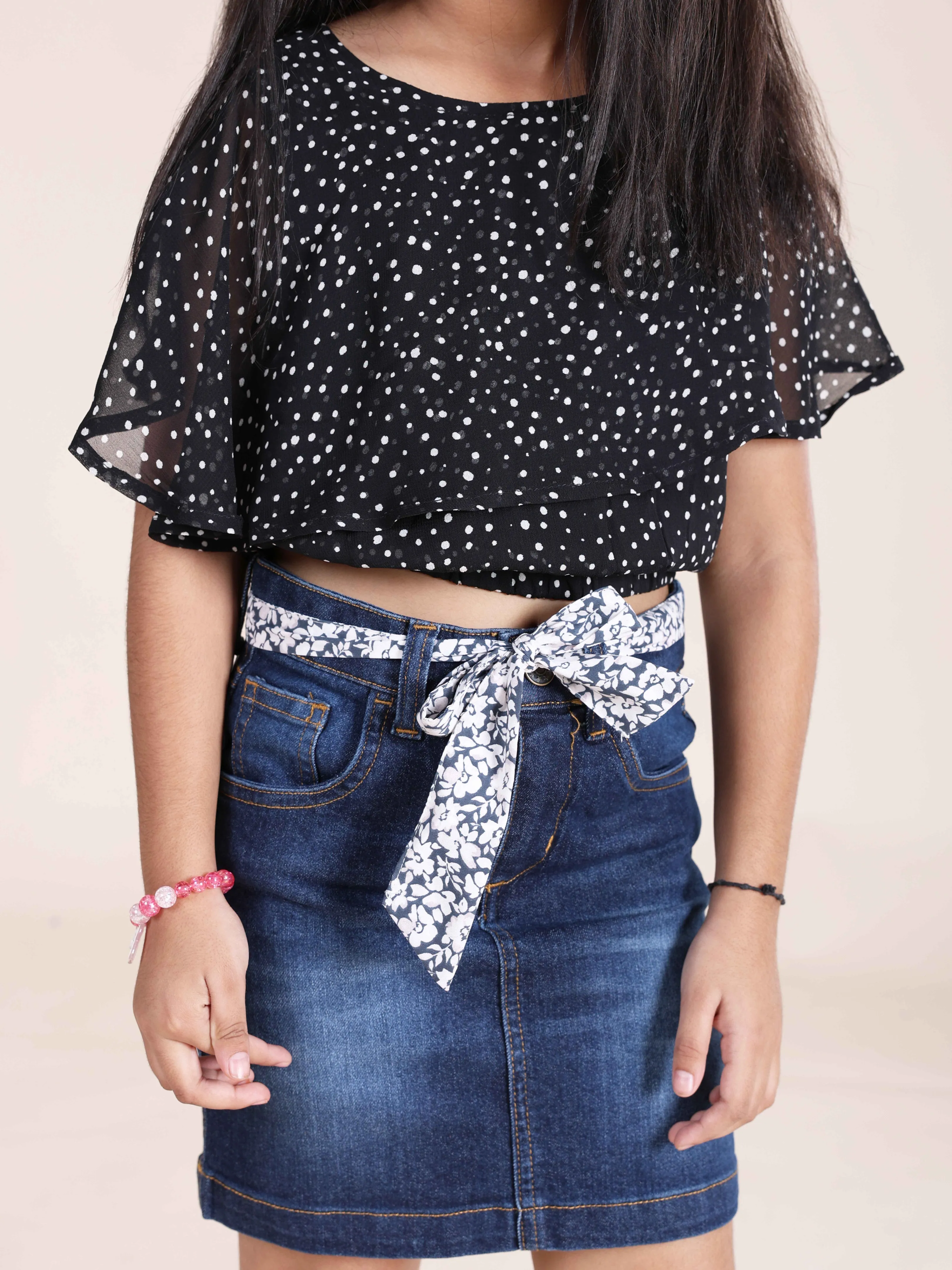 Girls Sleeveless Crop With Yoke Frill Layer Top & Denim Skirt