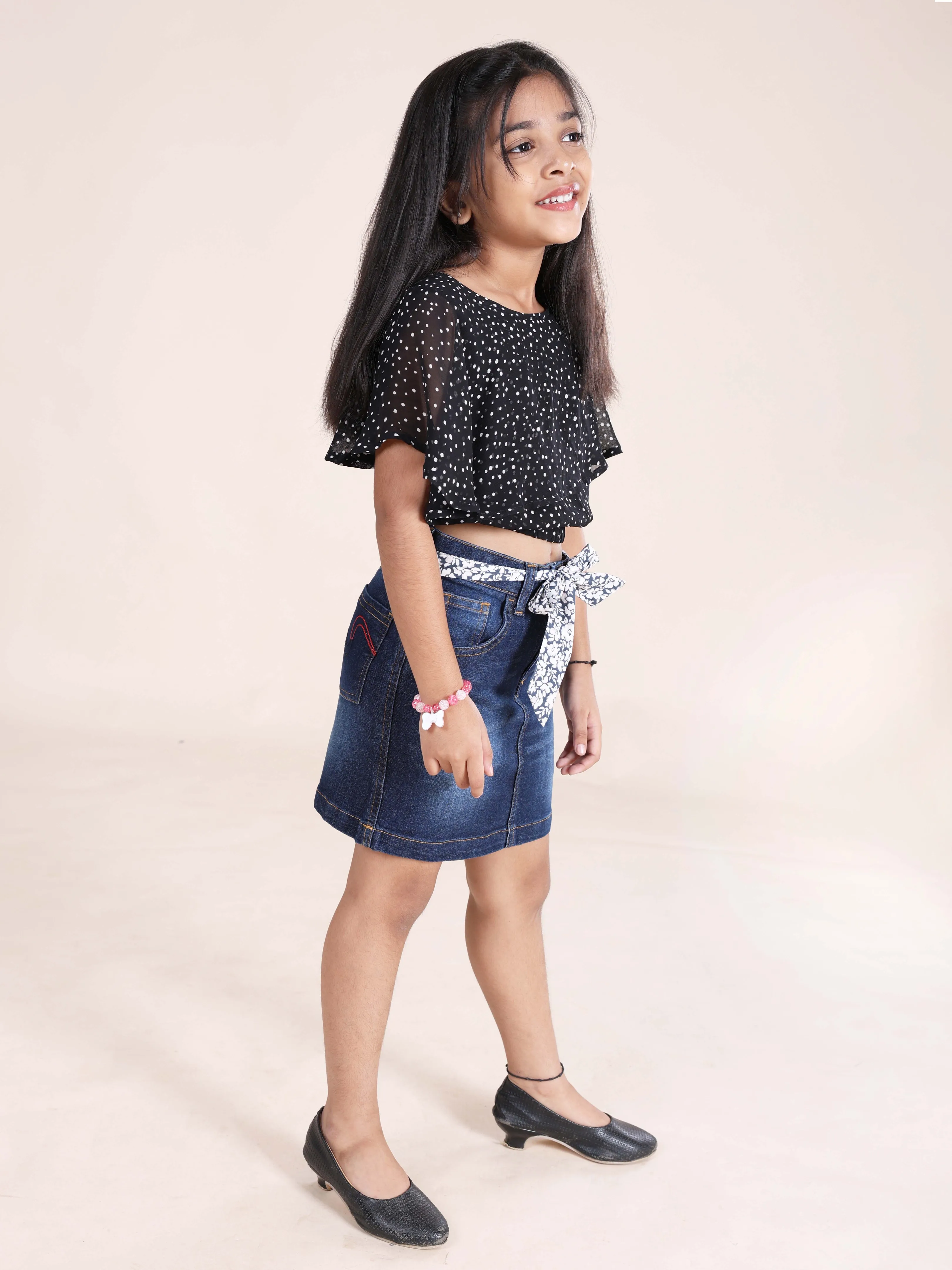 Girls Sleeveless Crop With Yoke Frill Layer Top & Denim Skirt
