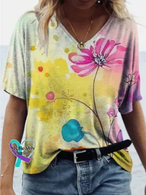 Gradient Floral Printed Loose Casual V-Neck Short Sleeve T-Shirt