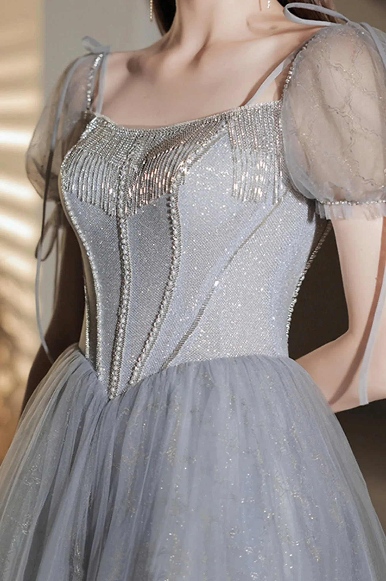 Gray Tulle Sequins Short Prom Dress, A-Line Short Sleeve Homecoming Party Dress