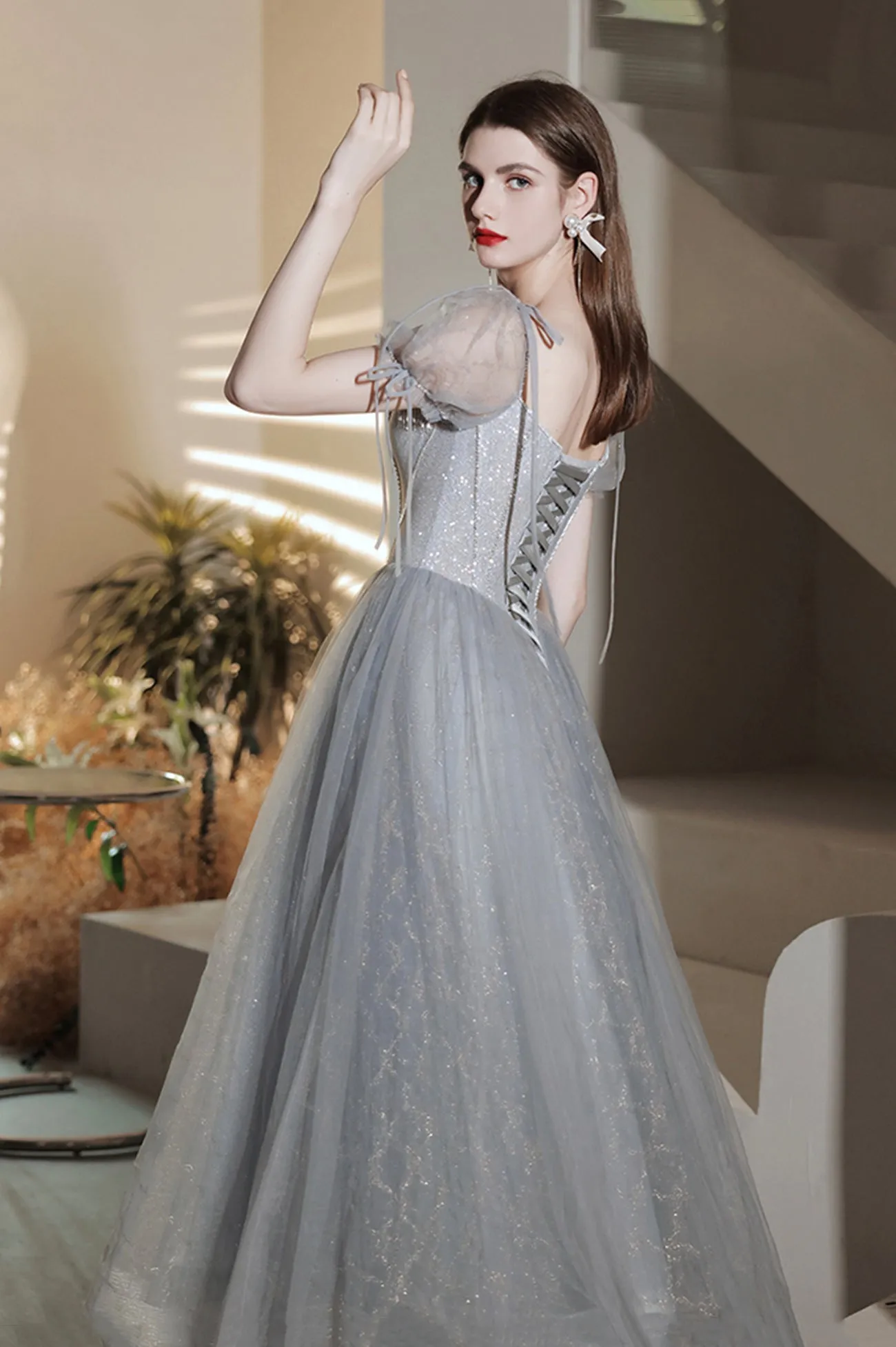 Gray Tulle Sequins Short Prom Dress, A-Line Short Sleeve Homecoming Party Dress