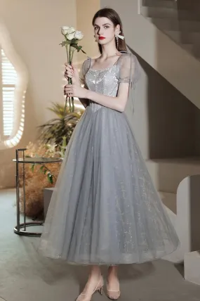 Gray Tulle Sequins Short Prom Dress, A-Line Short Sleeve Homecoming Party Dress