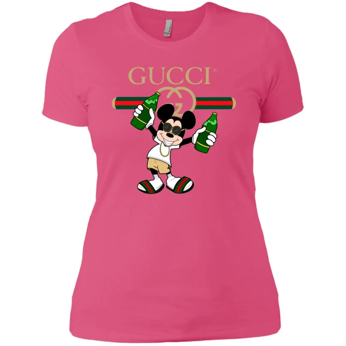 Gucci Mickey Mouse Drink Beer T-shirt Women Cotton T-Shirt
