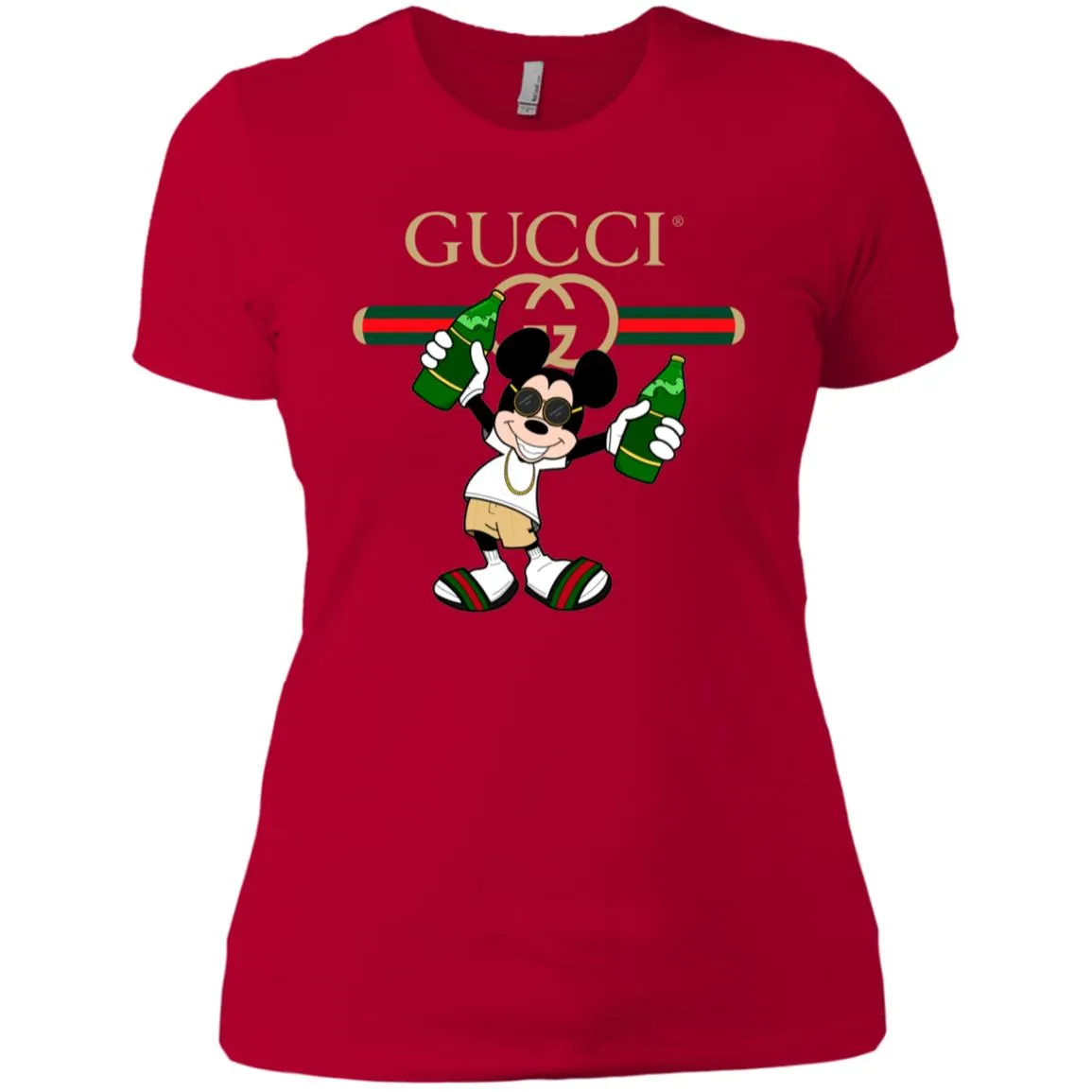 Gucci Mickey Mouse Drink Beer T-shirt Women Cotton T-Shirt