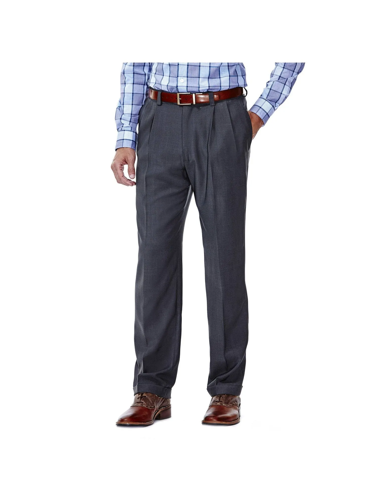 Haggar Mens Classic fit Double Pleated Dress Pants 40 / 32 Grey Solid