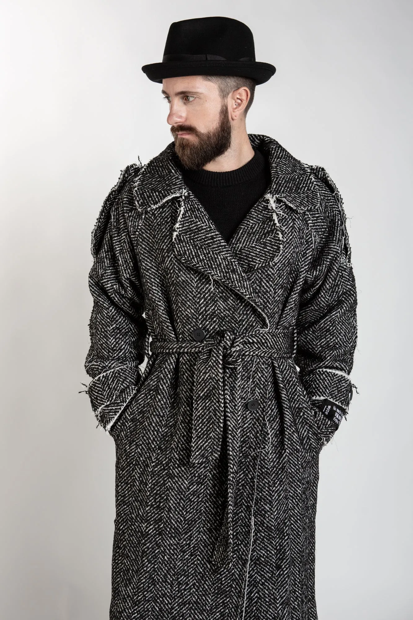 Herringbone Belted Coat - Grey