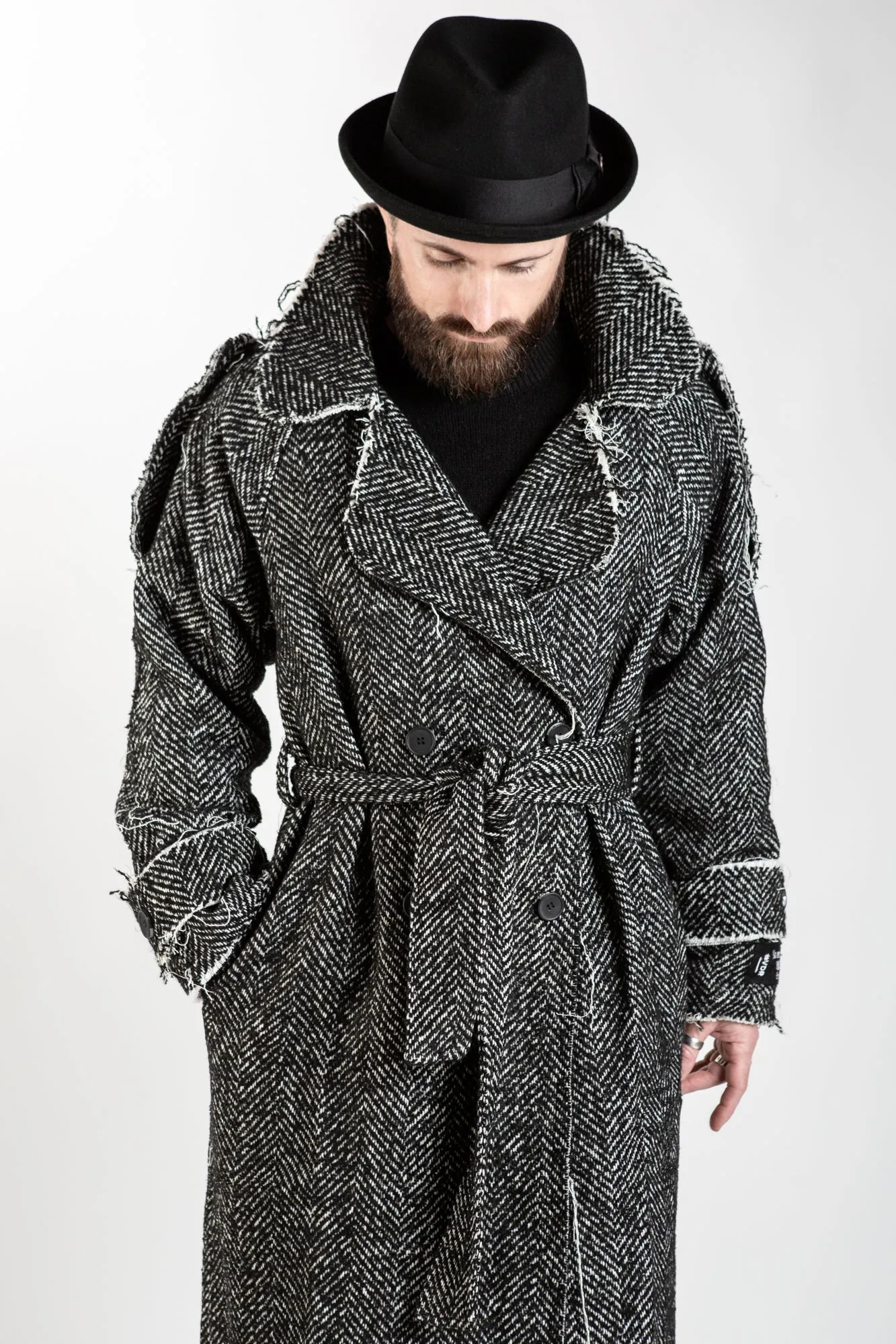 Herringbone Belted Coat - Grey