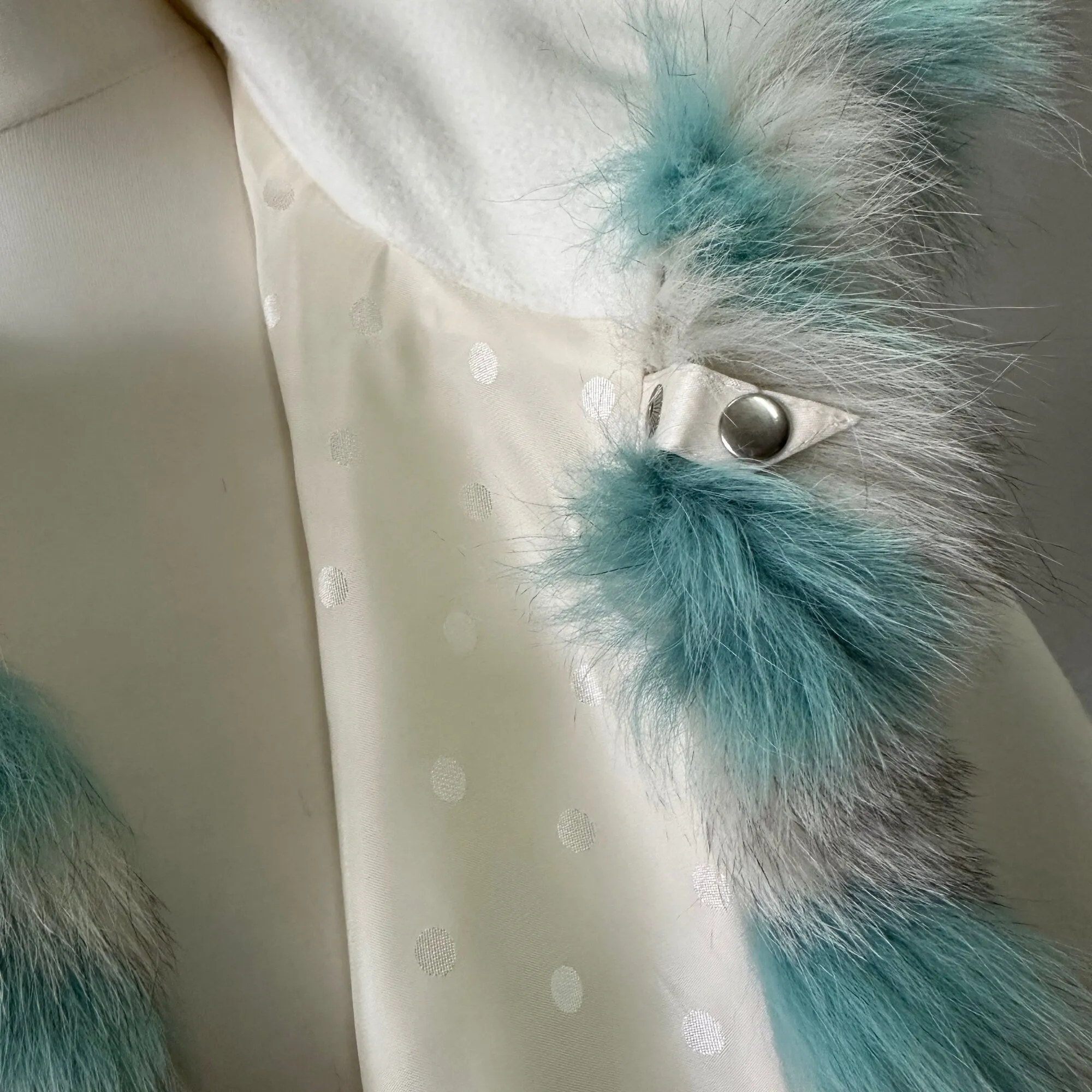 Ivory Mint Coat Cape Trim Arctic Fox Fur Women's short Poncho Jacket lined with a hood