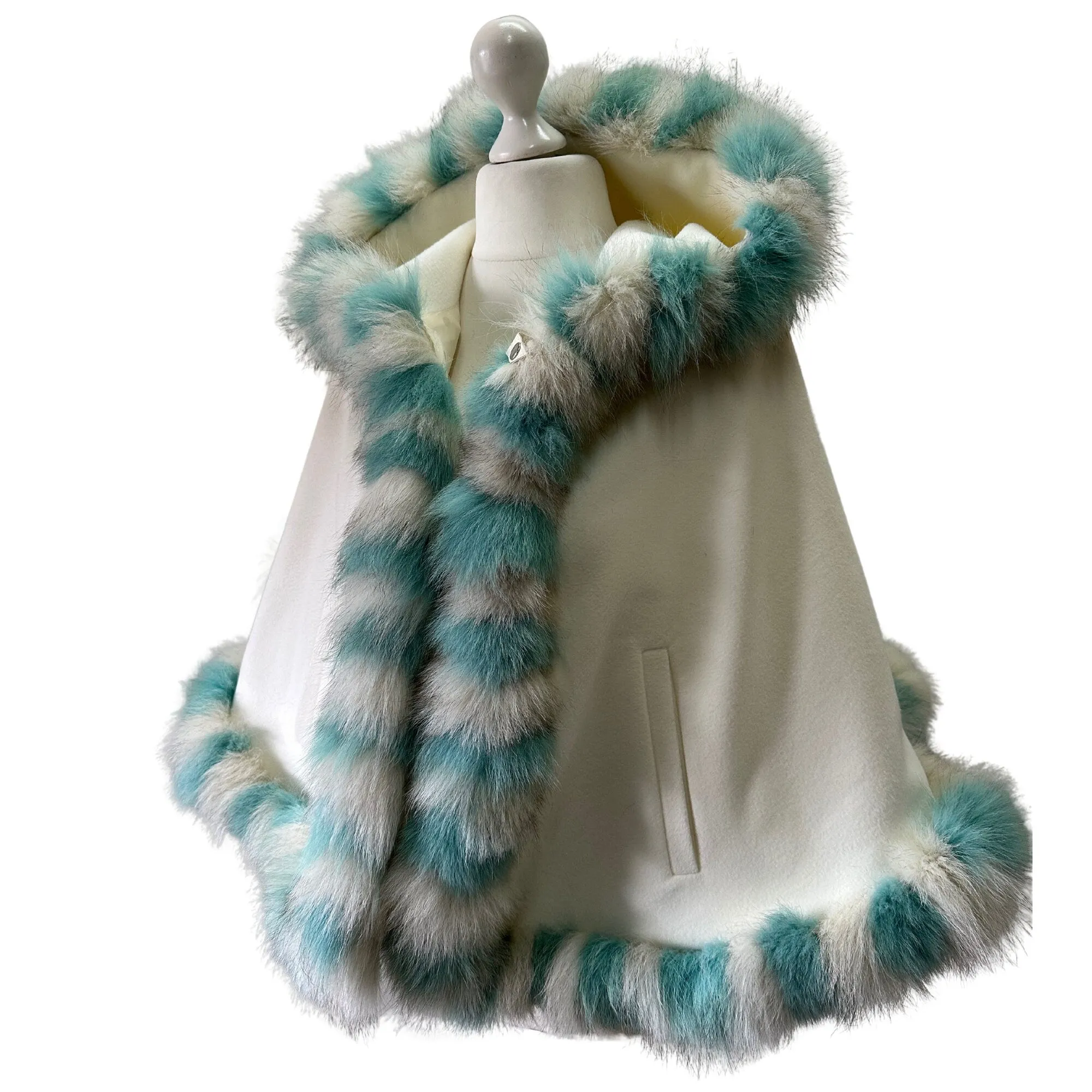 Ivory Mint Coat Cape Trim Arctic Fox Fur Women's short Poncho Jacket lined with a hood