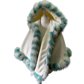 Ivory Mint Coat Cape Trim Arctic Fox Fur Women's short Poncho Jacket lined with a hood