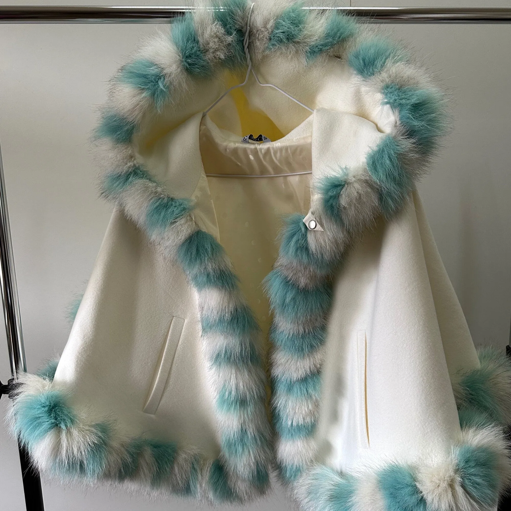 Ivory Mint Coat Cape Trim Arctic Fox Fur Women's short Poncho Jacket lined with a hood
