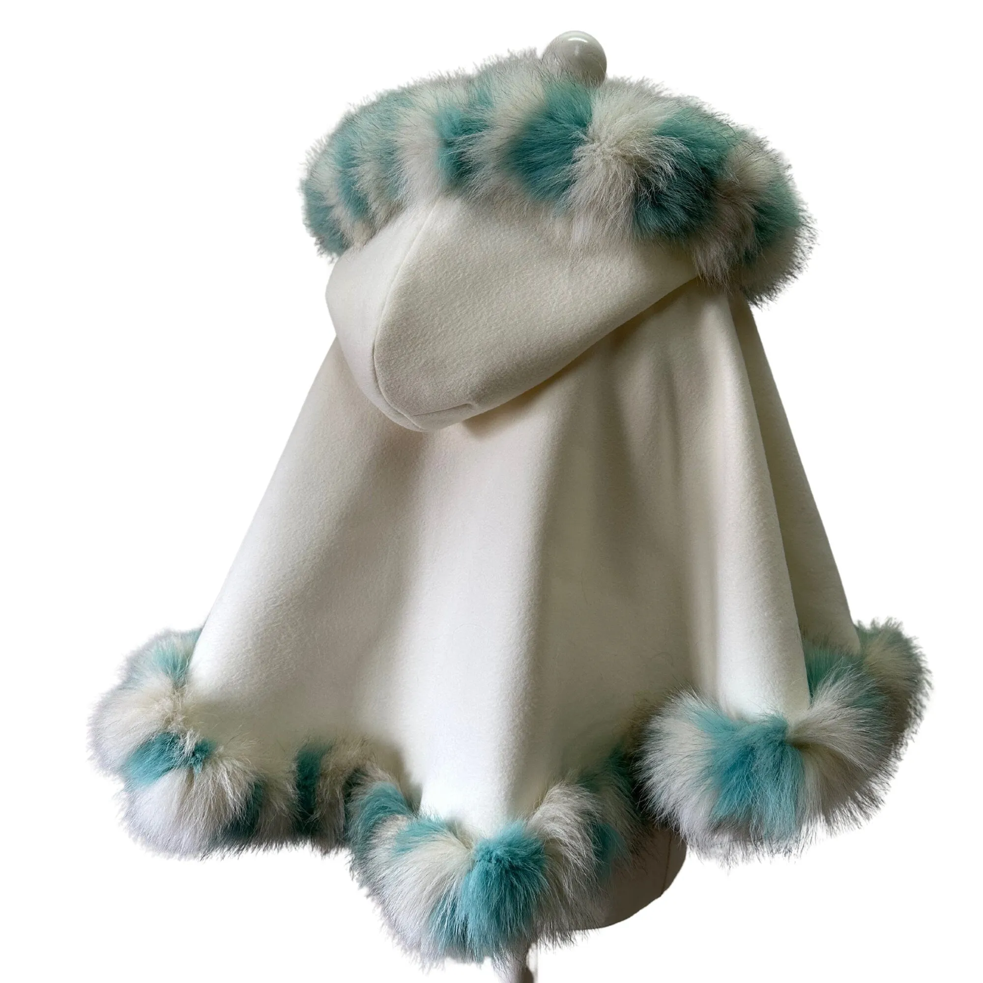 Ivory Mint Coat Cape Trim Arctic Fox Fur Women's short Poncho Jacket lined with a hood
