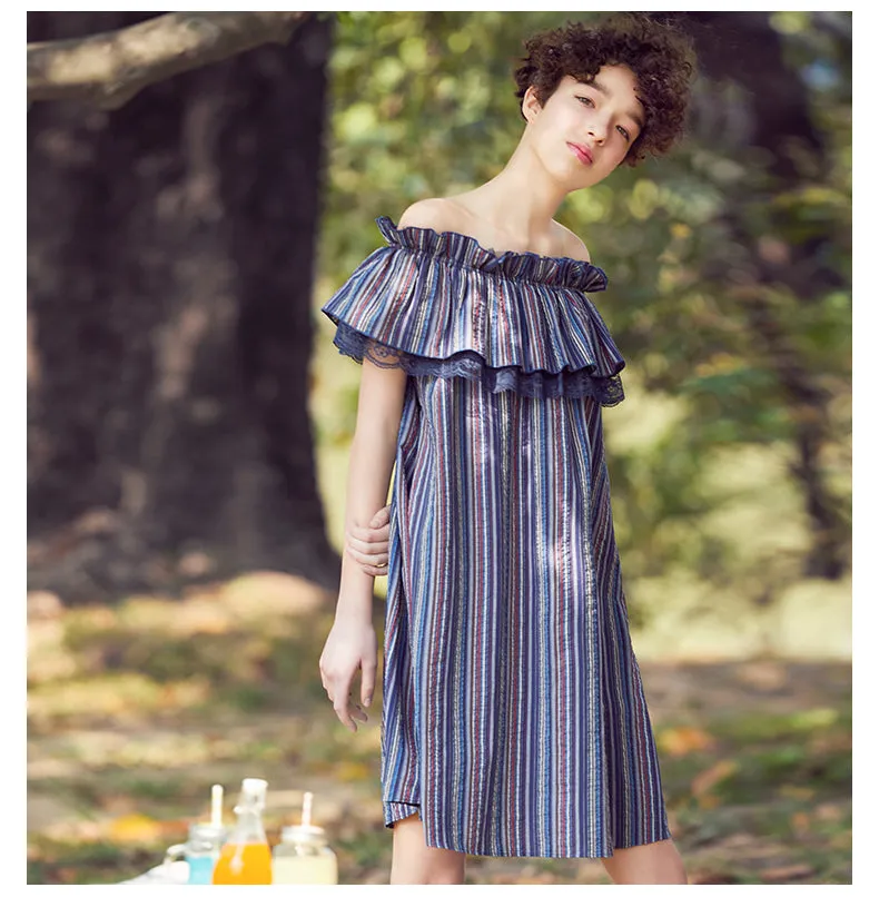 JAM PRINCESS BARDOT DRESS WITH RUFFLE TRIM DETAIL IN STRIPE