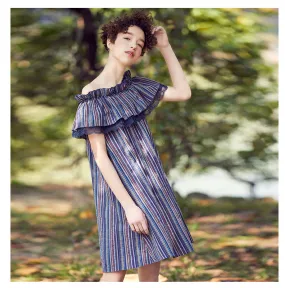 JAM PRINCESS BARDOT DRESS WITH RUFFLE TRIM DETAIL IN STRIPE