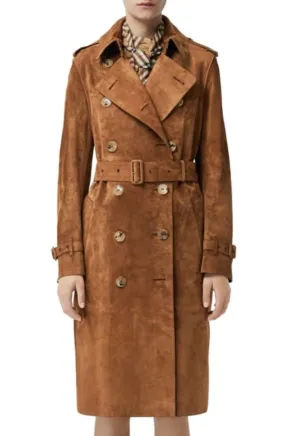 June Brown Suede Leather Long Trench Coat Women Outfit with Belt
