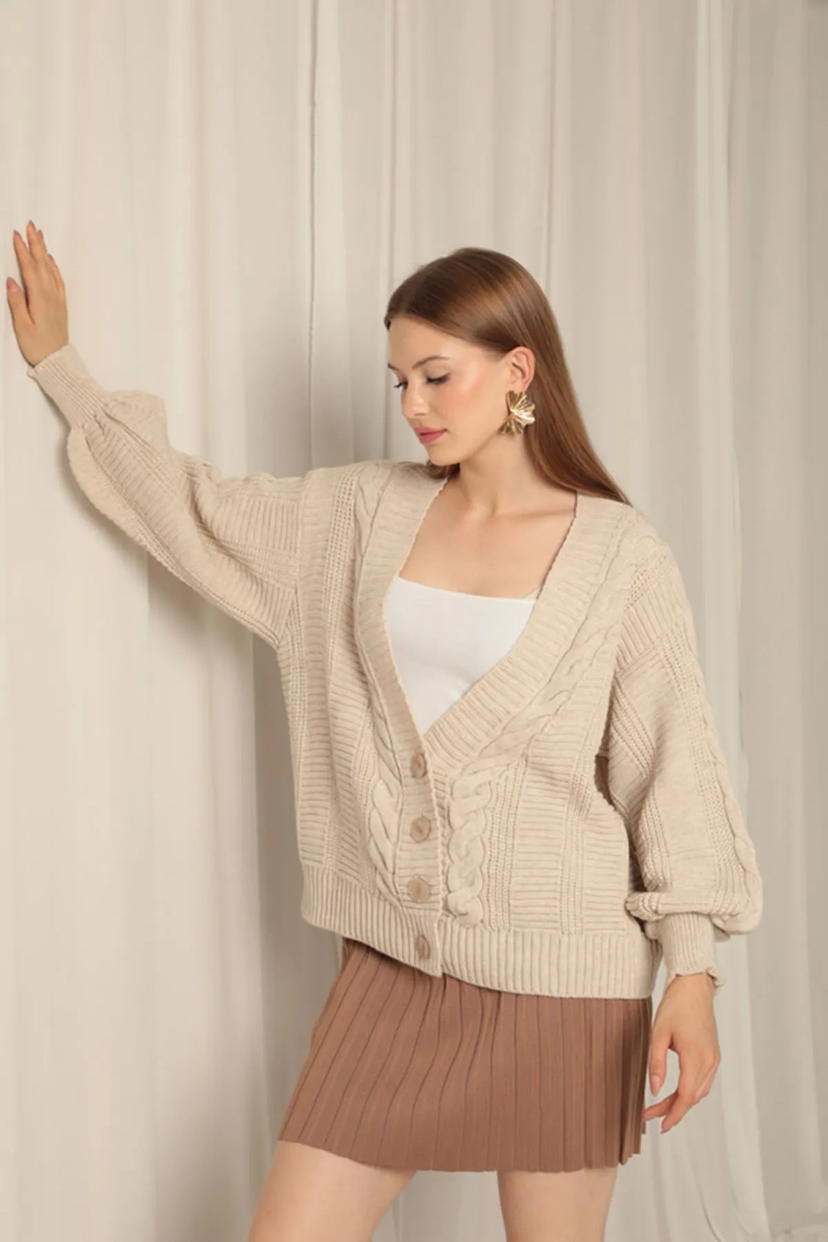 KKT Knitwear Fabric Knit Detailed Women's Stone Cardigan - Rugby