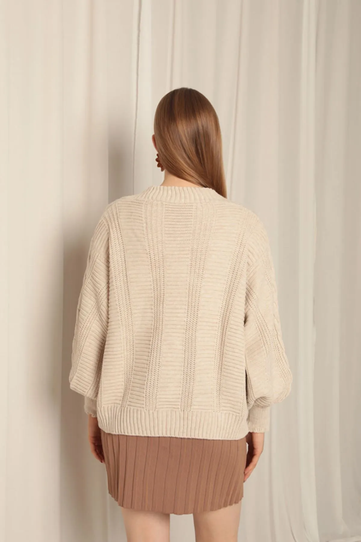 KKT Knitwear Fabric Knit Detailed Women's Stone Cardigan - Rugby