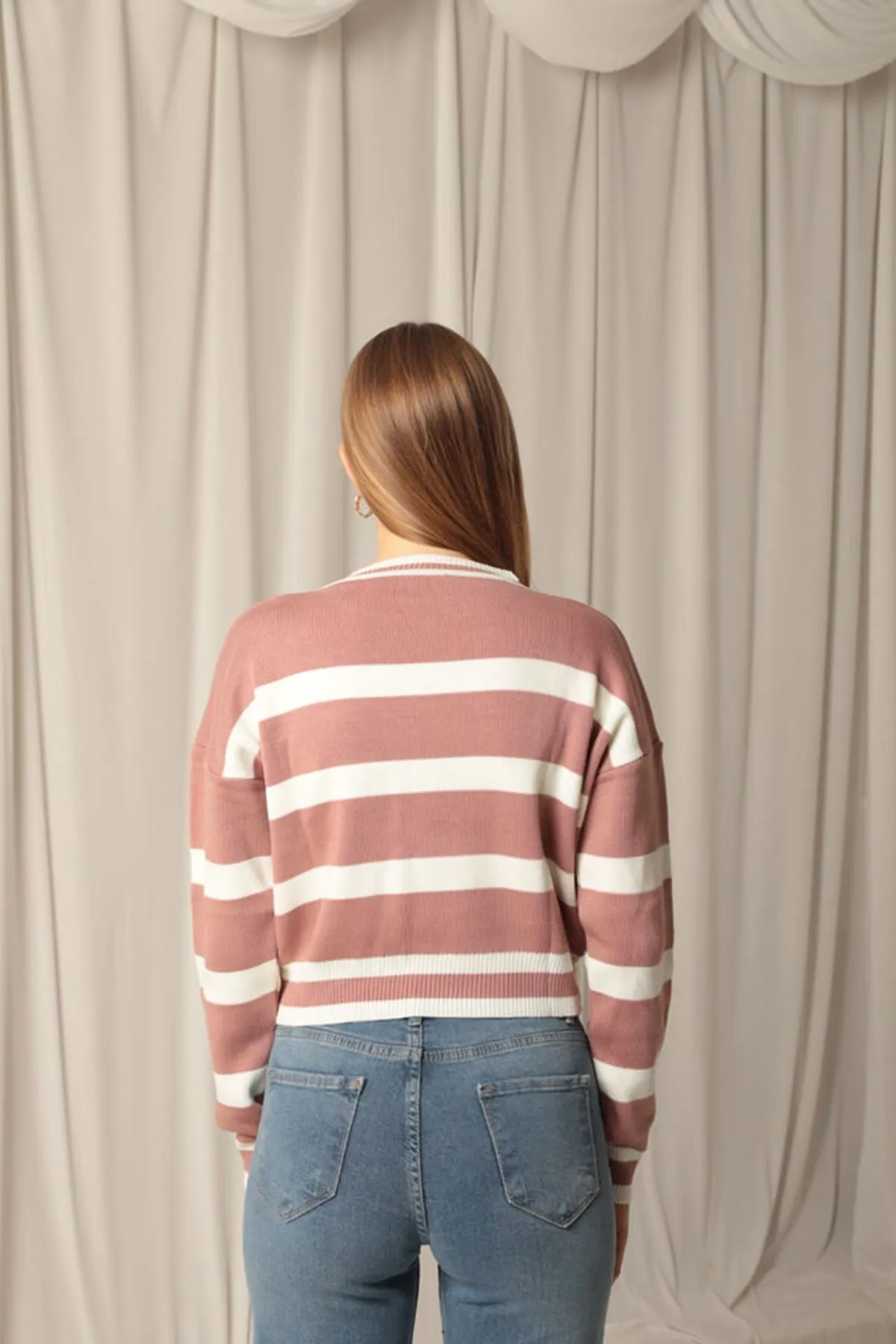 KKT Knitwear Fabric Striped Women's Dusty Rose Sweater - Hildesheim