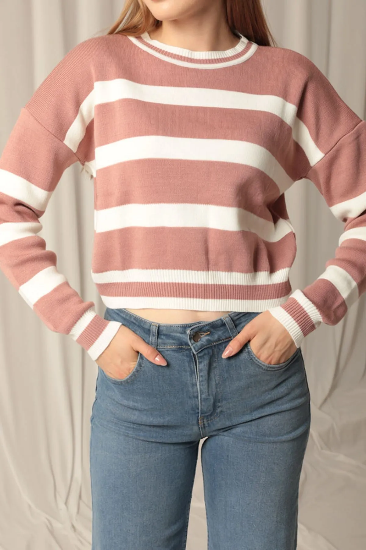 KKT Knitwear Fabric Striped Women's Dusty Rose Sweater - Hildesheim