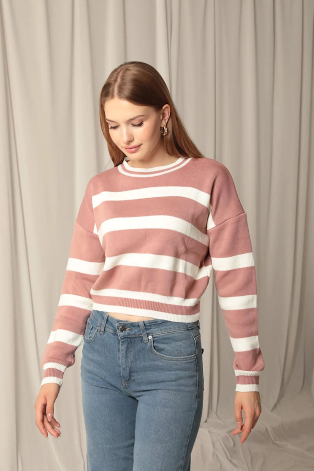 KKT Knitwear Fabric Striped Women's Dusty Rose Sweater - Hildesheim