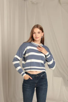 KKT Knitwear Fabric Striped Women's Indigo Sweater - Viersen