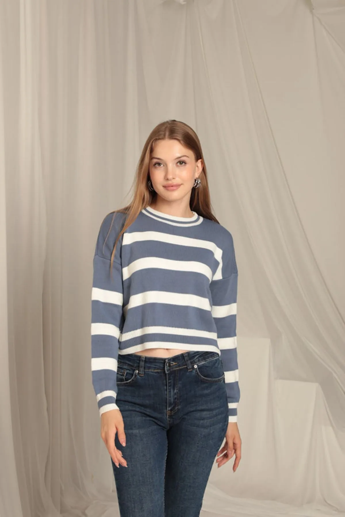 KKT Knitwear Fabric Striped Women's Indigo Sweater - Viersen