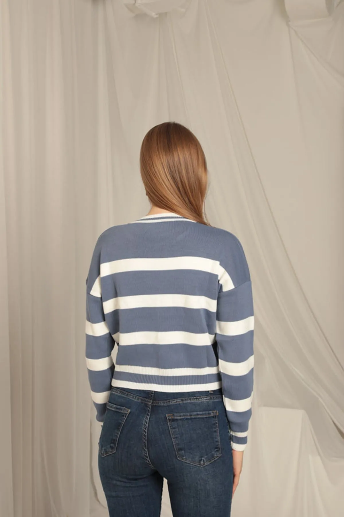 KKT Knitwear Fabric Striped Women's Indigo Sweater - Viersen
