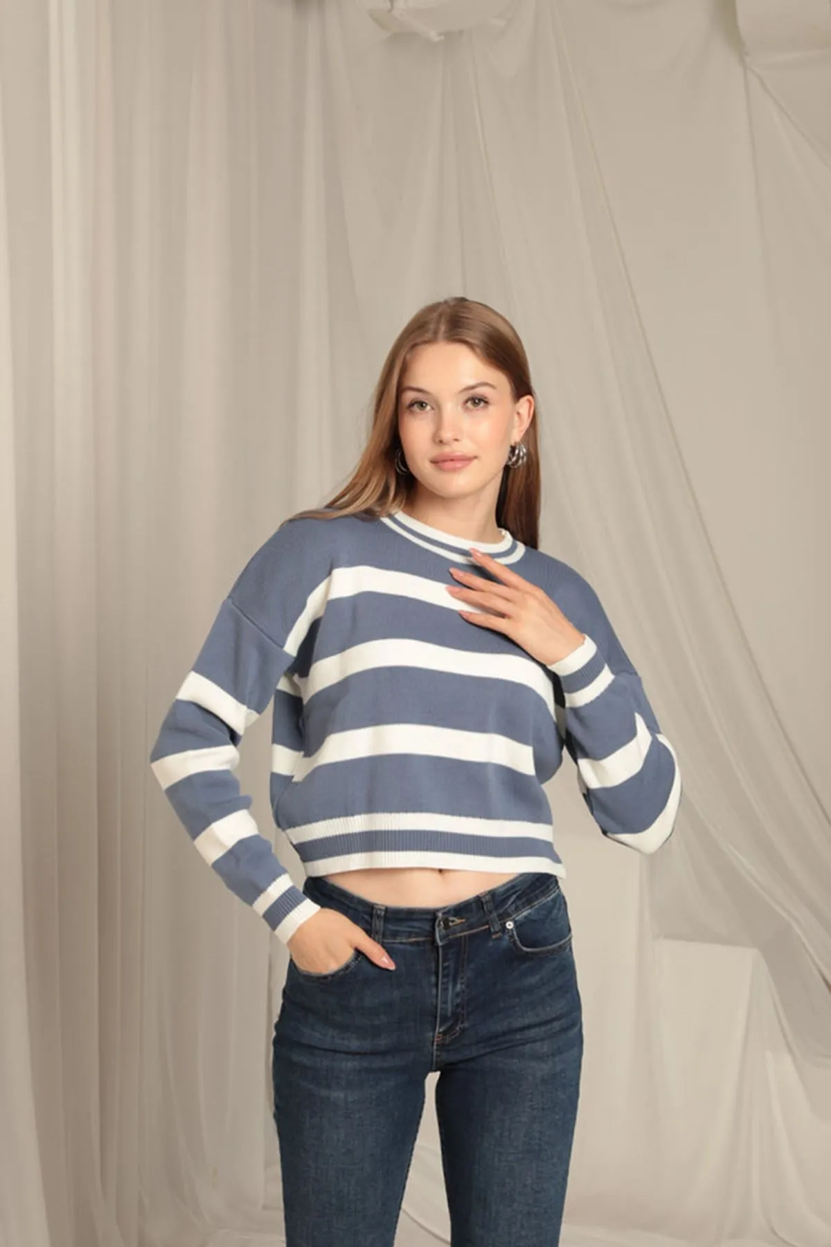 KKT Knitwear Fabric Striped Women's Indigo Sweater - Viersen