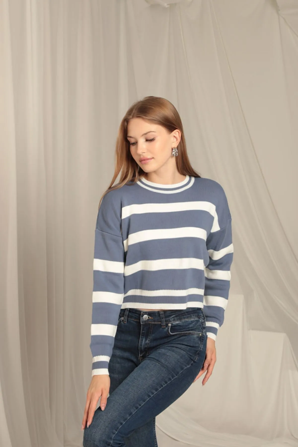 KKT Knitwear Fabric Striped Women's Indigo Sweater - Viersen