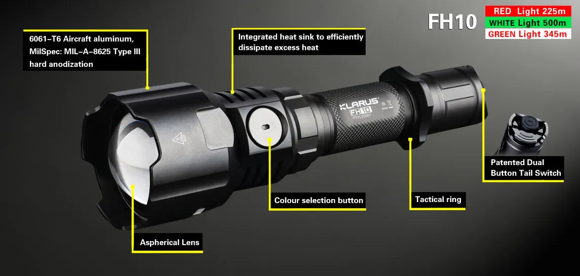 Klarus FH10 CREE XP-L HI V3 LED 3 Colors Flashlight - 700 Lumens