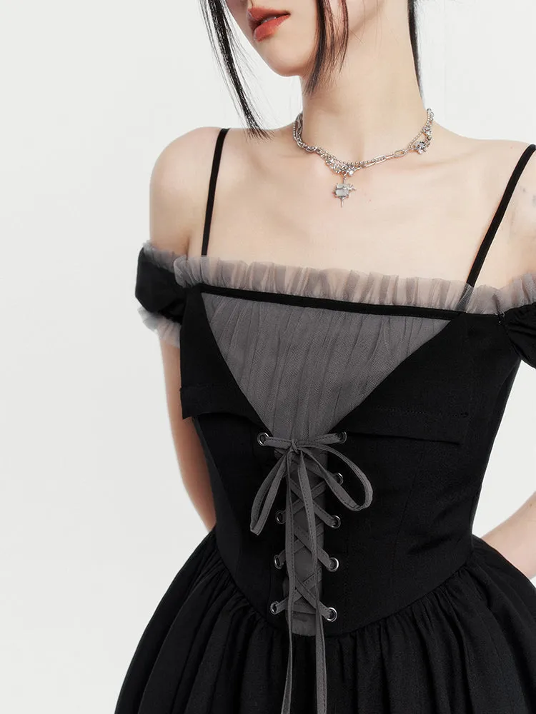 Lace-up layered tulle dress
