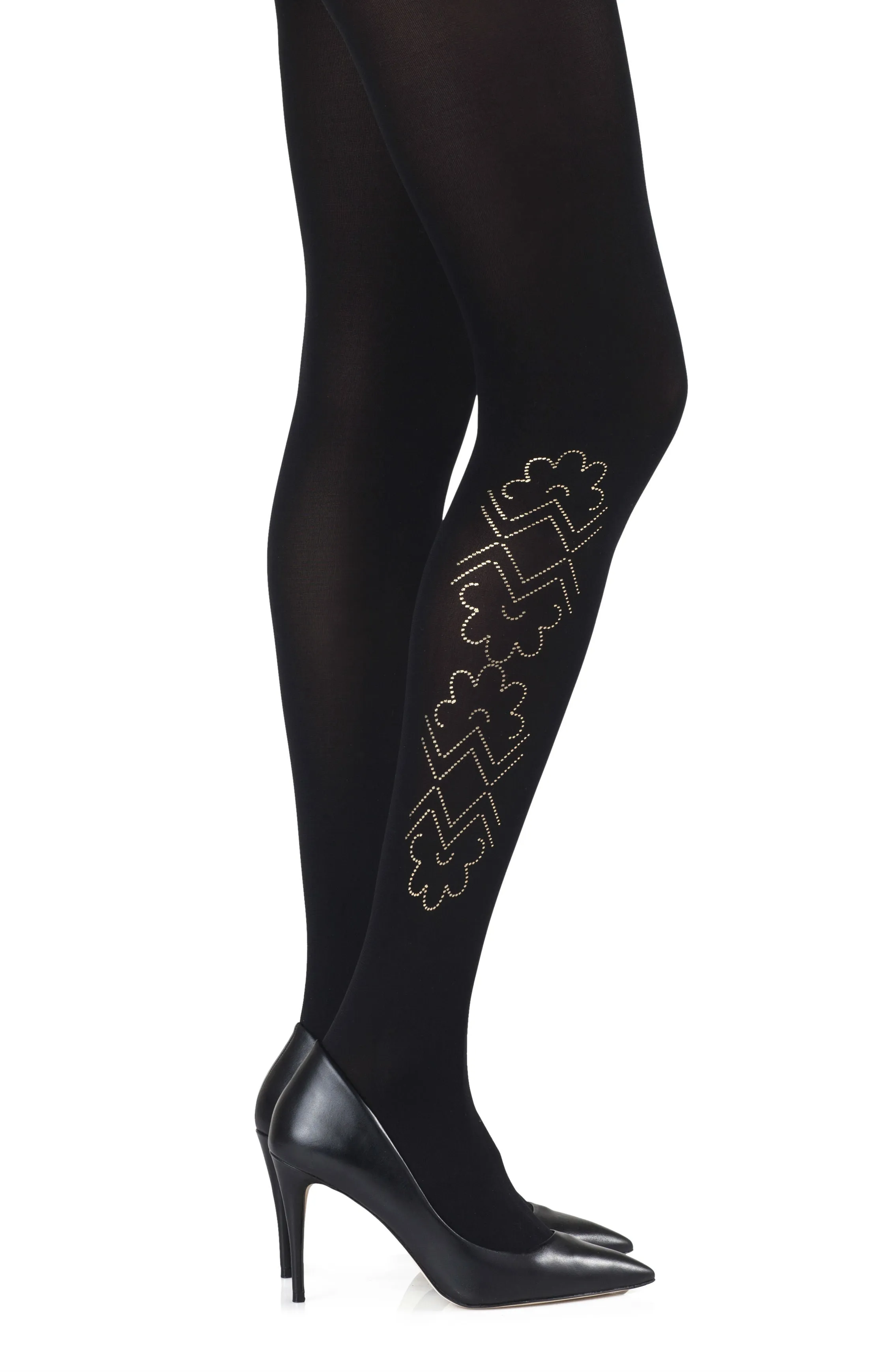 Ladies Comfortable Gold Metallic Print 120 Denier Opaque Black Tights