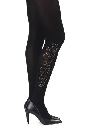 Ladies Comfortable Gold Metallic Print 120 Denier Opaque Black Tights
