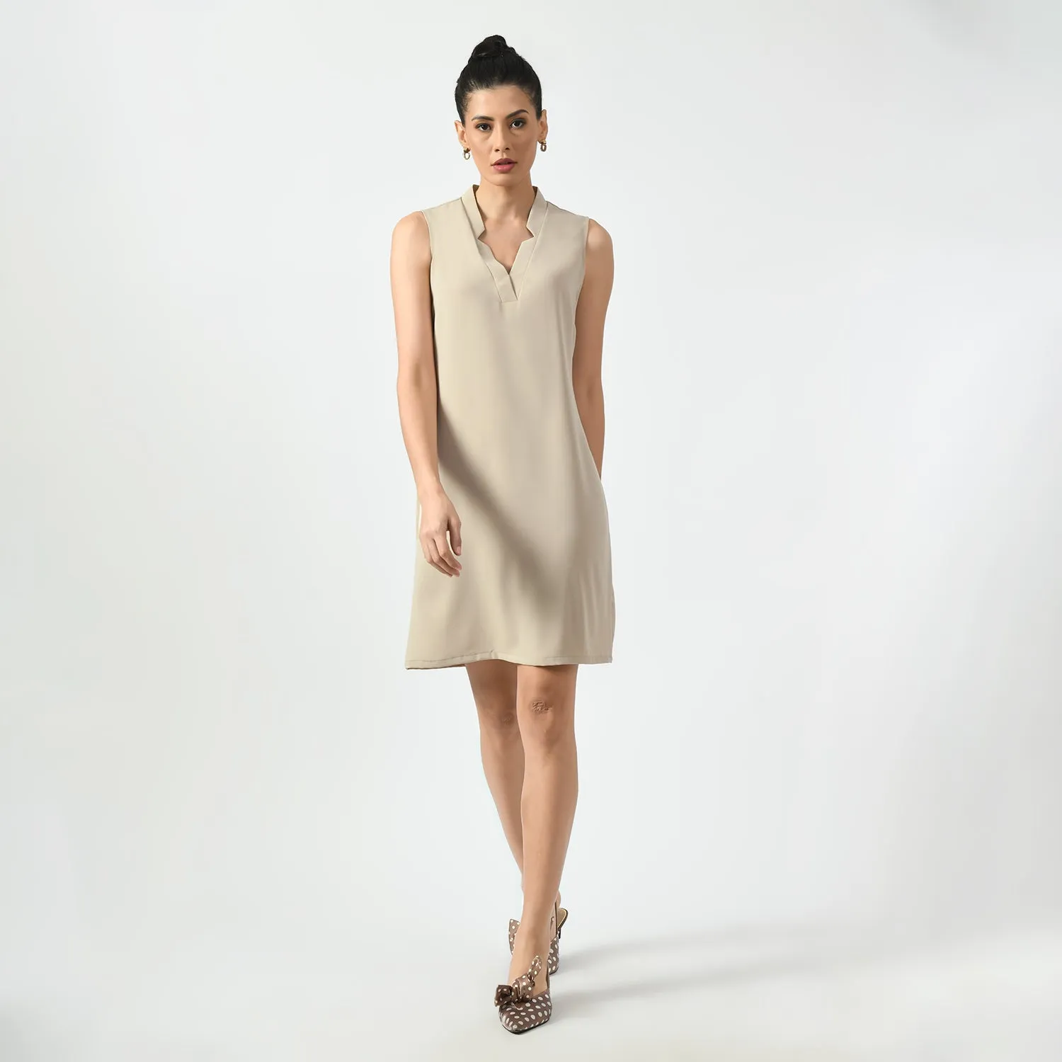 Light Beige Sleeveless V Neck Dress