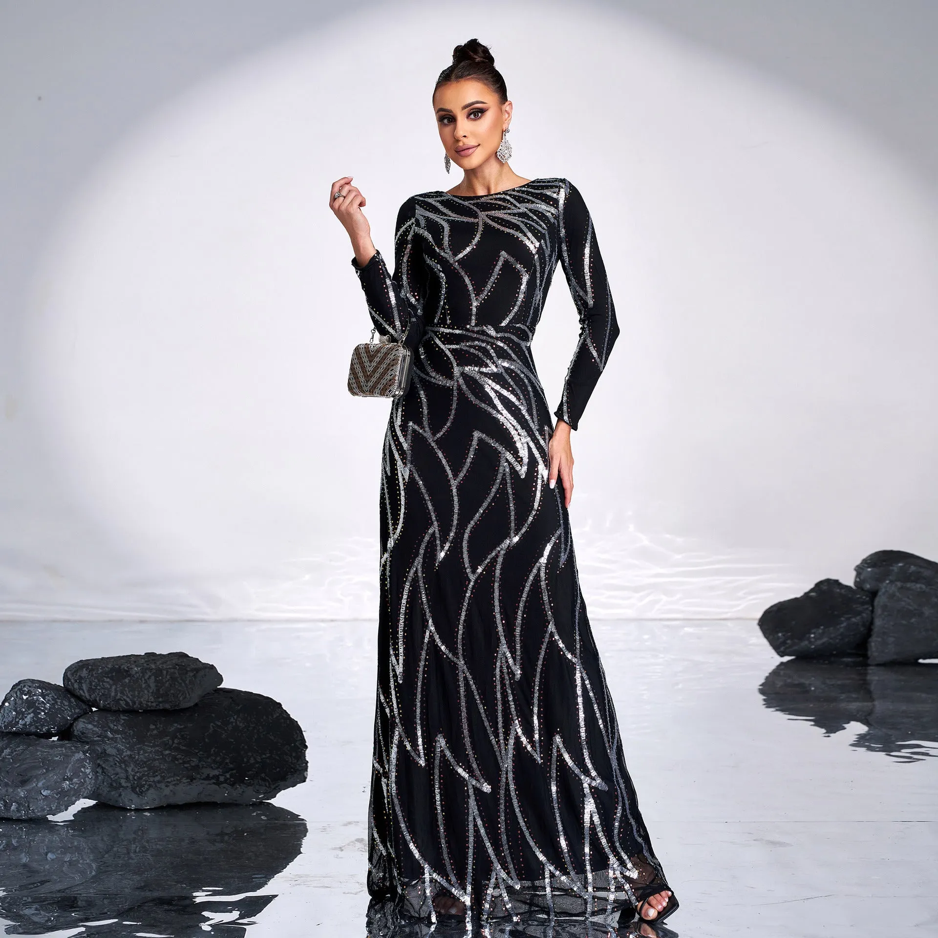 Long Sleeve Sequined Evening Dress